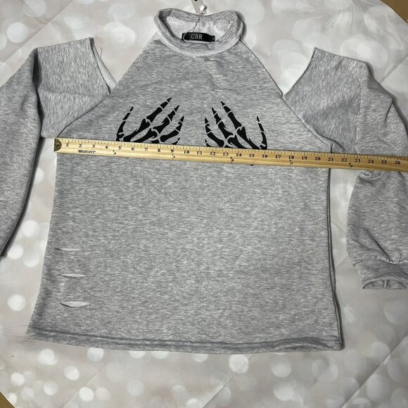 Womens XL Gray CBR Skeleton Hands Cut-Out Shoulder Long Sleeve distressed Top - Picture 3 of 6